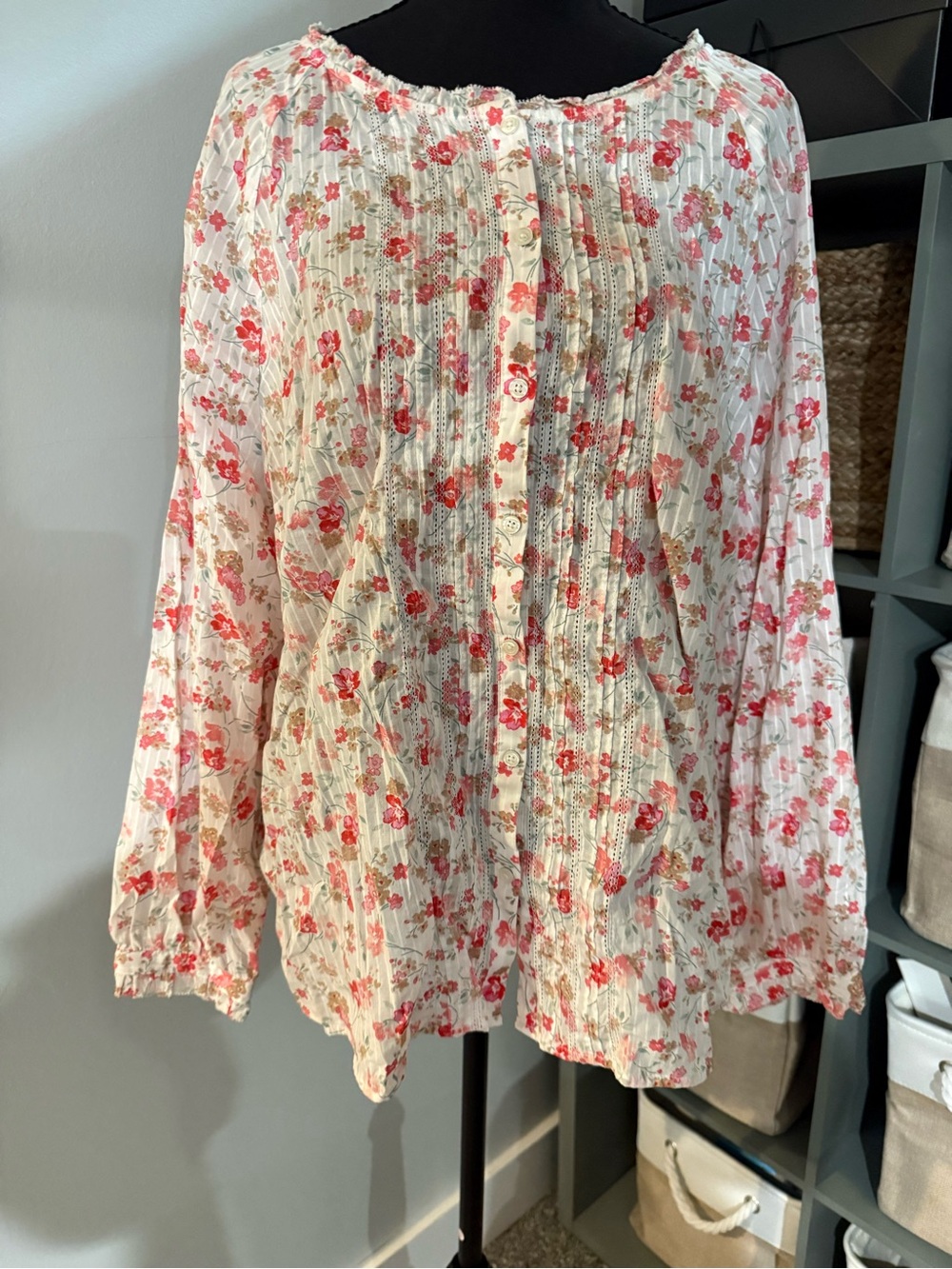 Talbots White Button-Down Blouse with Pink and Red Floral Print